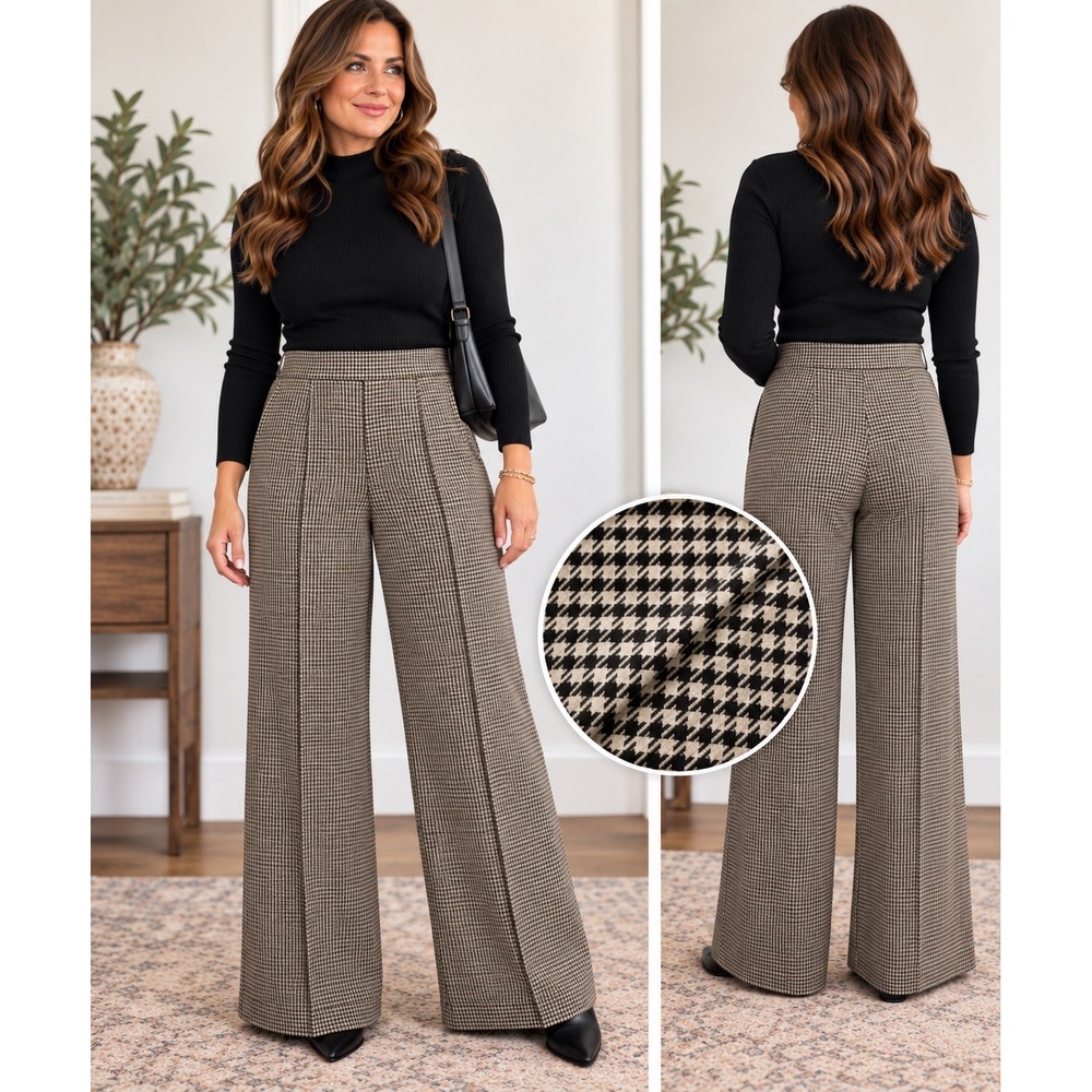 Jules & Leopold Houndstooth Pleated Wide Leg Pants S/P Black Cream